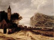 An extensiver river landscape with a church,cattle grazing and a traveller on a track